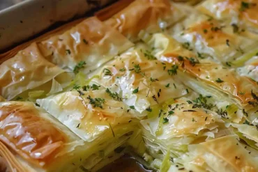 Authentic Greek leek pie with crispy puff pastry layers