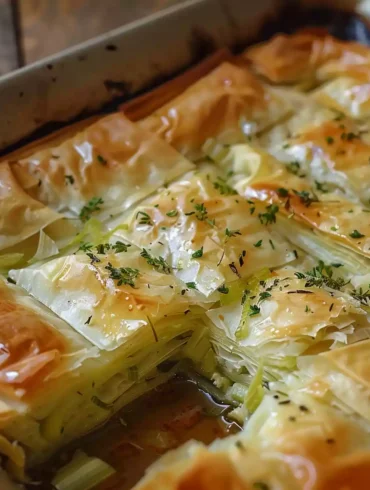 Authentic Greek leek pie with crispy puff pastry layers