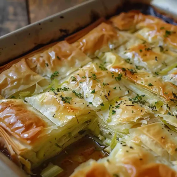 Authentic Greek leek pie with crispy puff pastry layers